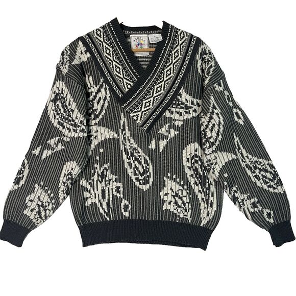 VTG 90s Hoopla Fair Isle Sweater Sz L Paisley Bandana Chunky Knit 1989 Chazwas - Picture 1 of 6